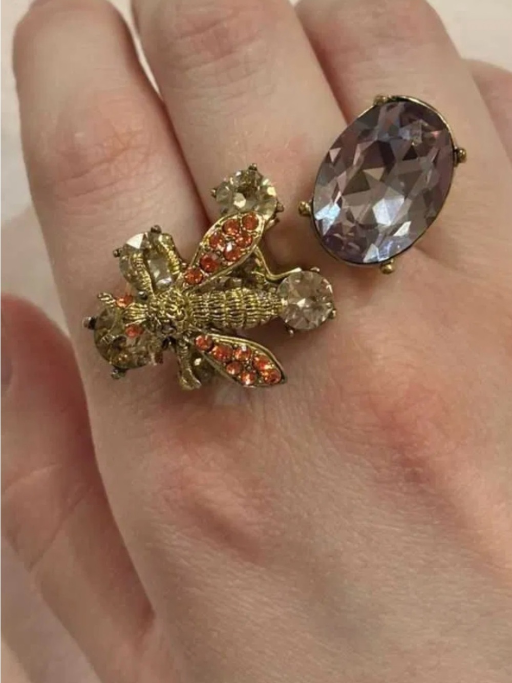 Oscar de la Renta Gold Bee Ring with Orange and Lavender Crystals